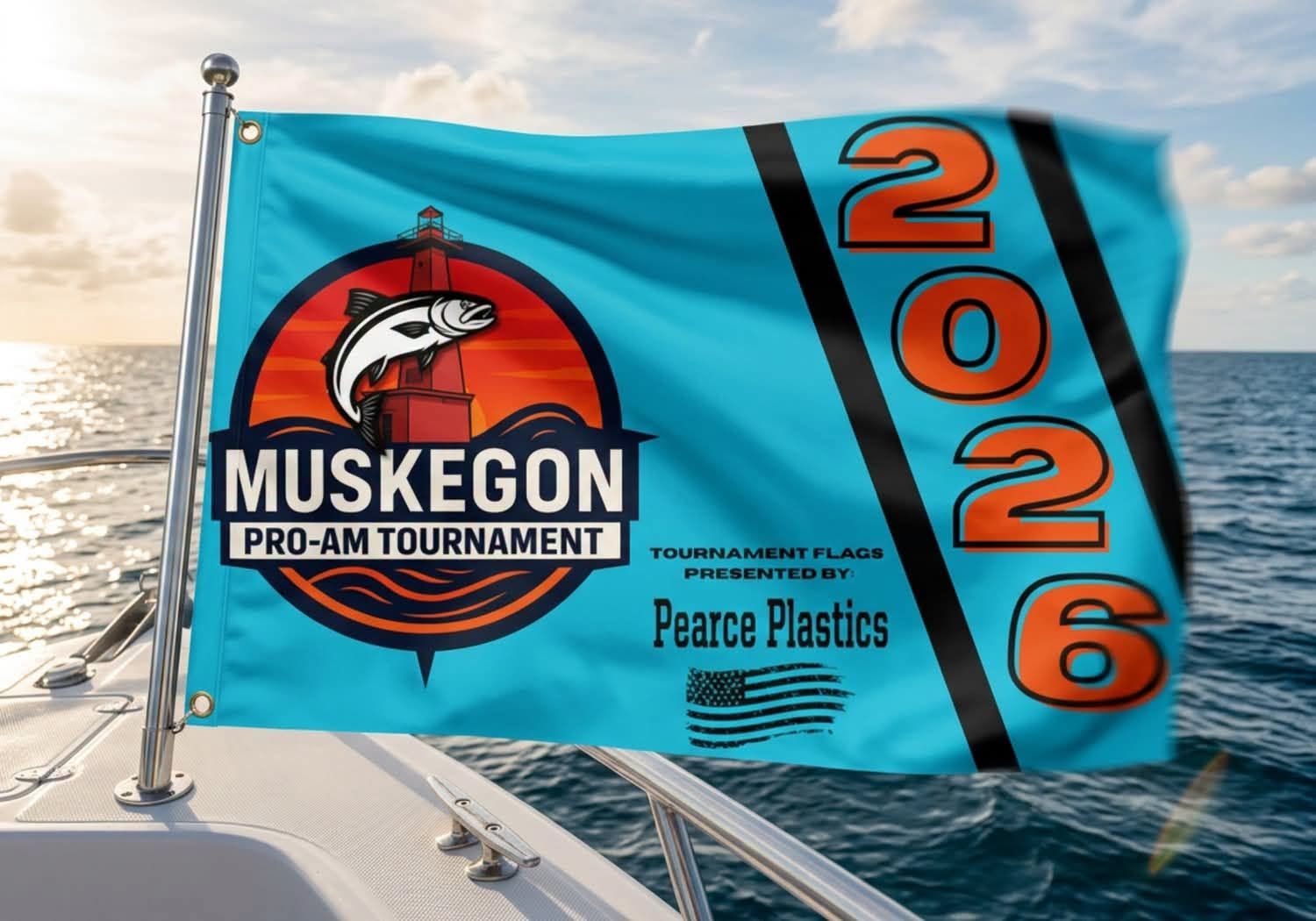 A blue Muskegon Pro-Am Tournament flag with a fish emblem and 2026 date flying from the charter boat
