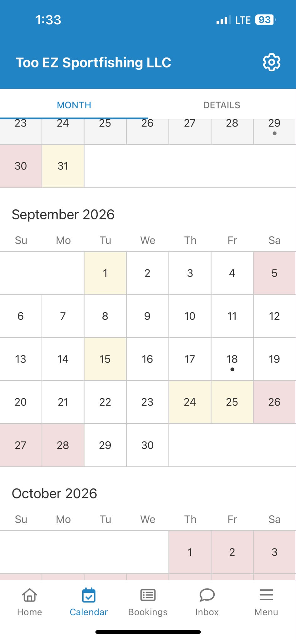 Too EZ Sportfishing LLC booking calendar for September and October 2026 showing available (yellow) and unavailable (pink) dates.